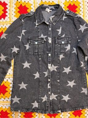 BIBI Stonewash Denim Pullover  S Black Jean Jacket Full Snap Streetwear